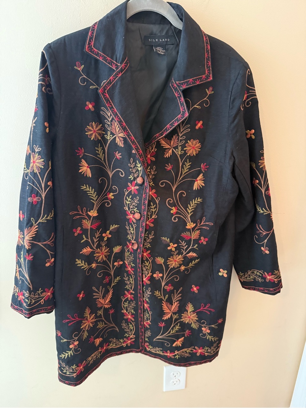 Silkland 100% Silk Embroidered Boho Long Line Floral Blazer Jacket - Large